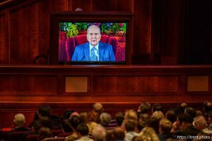 (Trent Nelson  |  The Salt Lake Tribune) President Russell M. Nelson makes a video address at General Conference on Sunday, Oct. 6, 2024.