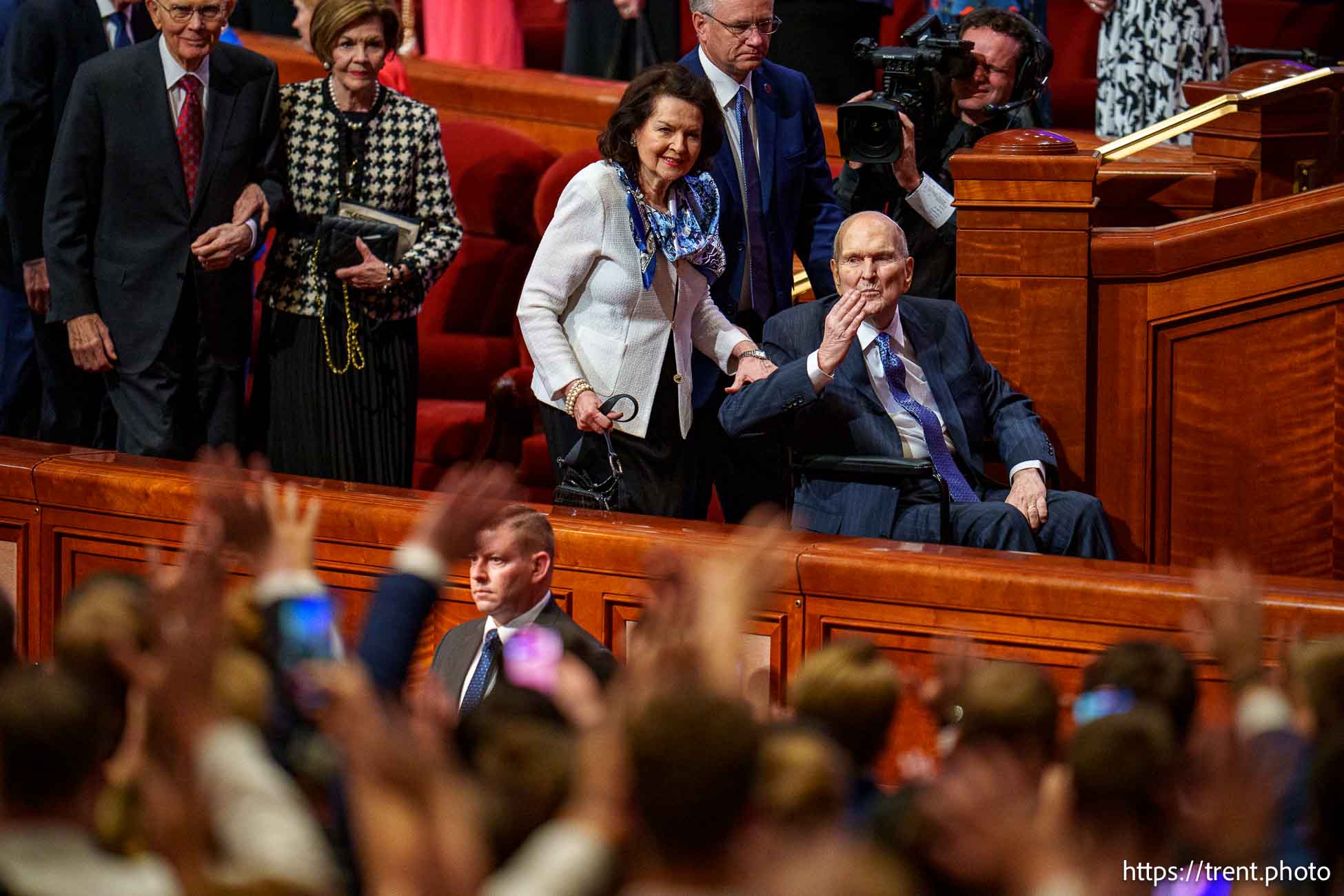 (Trent Nelson  |  The Salt Lake Tribune) President Russell M. Nelson and his wife, Wendy, after General Conference on Sunday, Oct. 6, 2024.