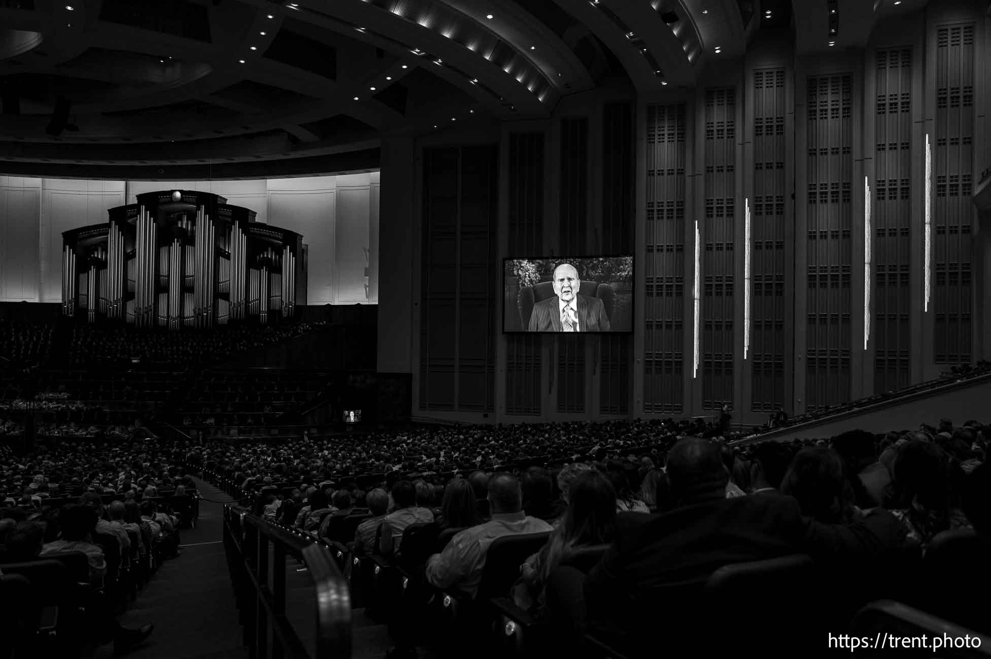 (Trent Nelson  |  The Salt Lake Tribune) 
Russell M. Nelson delivers an address via video at General Conference on Sunday, Oct. 6, 2024.