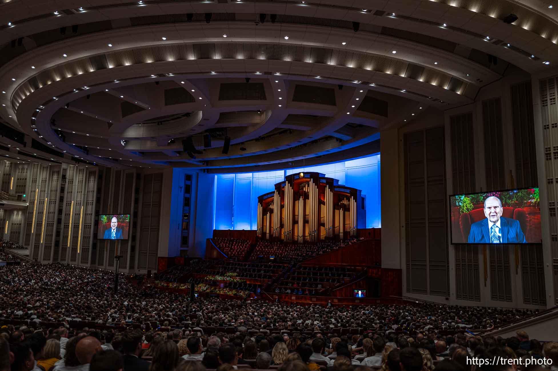 (Trent Nelson  |  The Salt Lake Tribune) 
Russell M. Nelson delivers an address via video at General Conference on Sunday, Oct. 6, 2024.