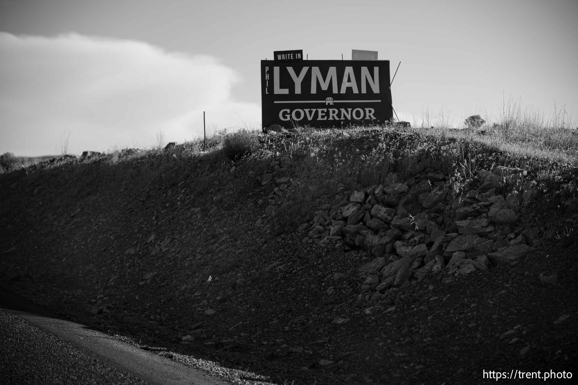 write in Phil Lyman for governor sign, driving south to short creek on Thursday, Oct. 10, 2024.