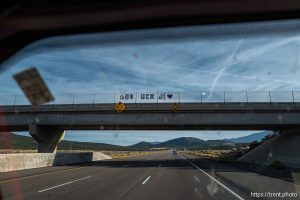 ood luck sign, overpass, driving north on i-15 on Saturday, Oct. 12, 2024.