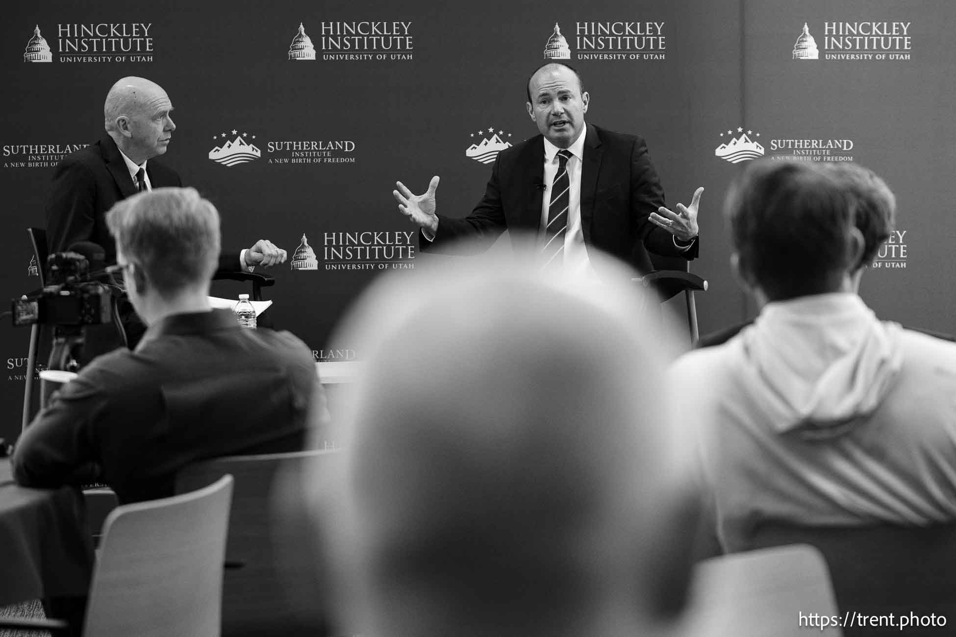 (Trent Nelson  |  The Salt Lake Tribune) Sen. Mike Lee speaks at the Hinckley Institute of Politics in Salt Lake City on Tuesday, Oct. 8, 2024.