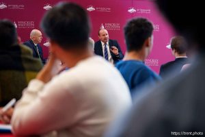 (Trent Nelson  |  The Salt Lake Tribune) Sen. Mike Lee speaks at the Hinckley Institute of Politics in Salt Lake City on Tuesday, Oct. 8, 2024.