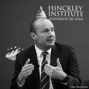 (Trent Nelson  |  The Salt Lake Tribune) Sen. Mike Lee speaks at the Hinckley Institute of Politics in Salt Lake City on Tuesday, Oct. 8, 2024.