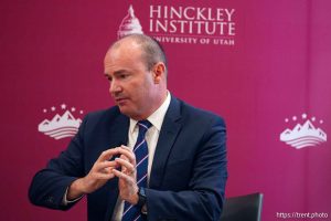 (Trent Nelson  |  The Salt Lake Tribune) Sen. Mike Lee speaks at the Hinckley Institute of Politics in Salt Lake City on Tuesday, Oct. 8, 2024.