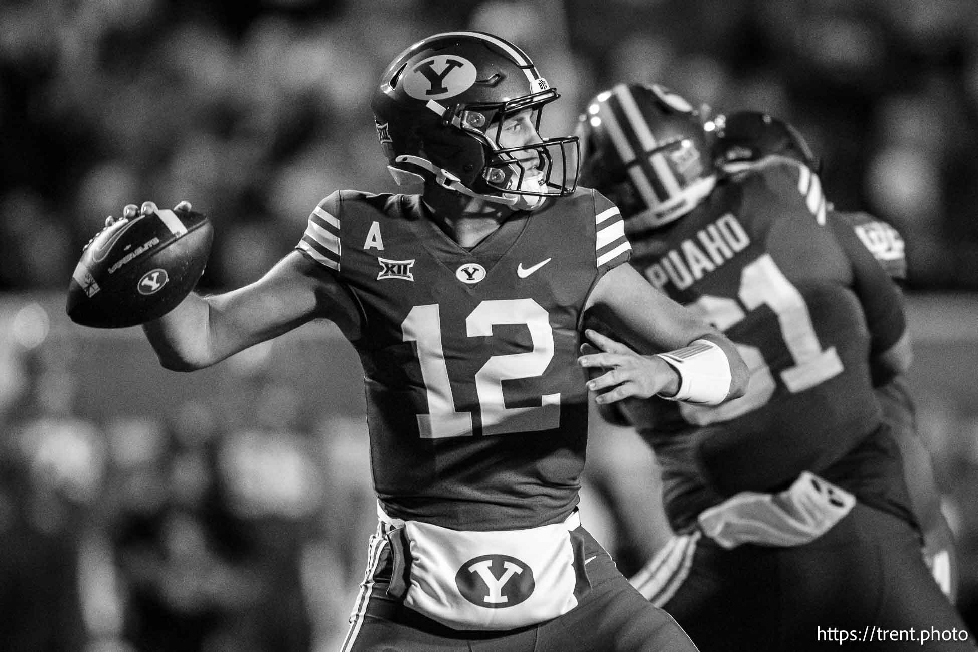 (Trent Nelson  |  The Salt Lake Tribune) Brigham Young Cougars quarterback Jake Retzlaff (12) as Utah hosts BYU, NCAA football in Salt Lake City on Saturday, Nov. 9, 2024.