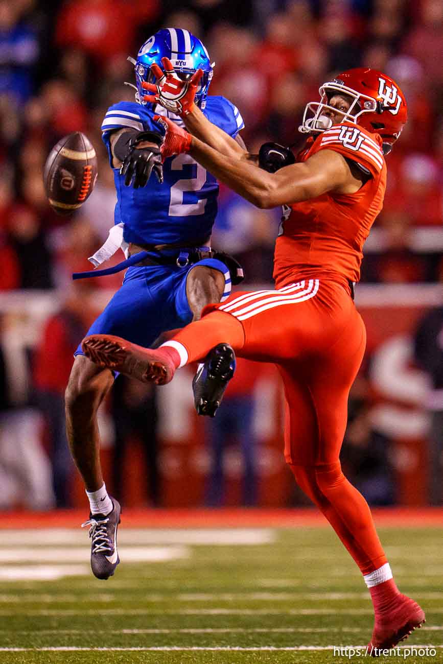 (Trent Nelson  |  The Salt Lake Tribune) Brigham Young Cougars cornerback Marque Collins (2) knocks the ball away from Utah Utes wide receiver Munir McClain (4) as Utah hosts BYU, NCAA football in Salt Lake City on Saturday, Nov. 9, 2024.