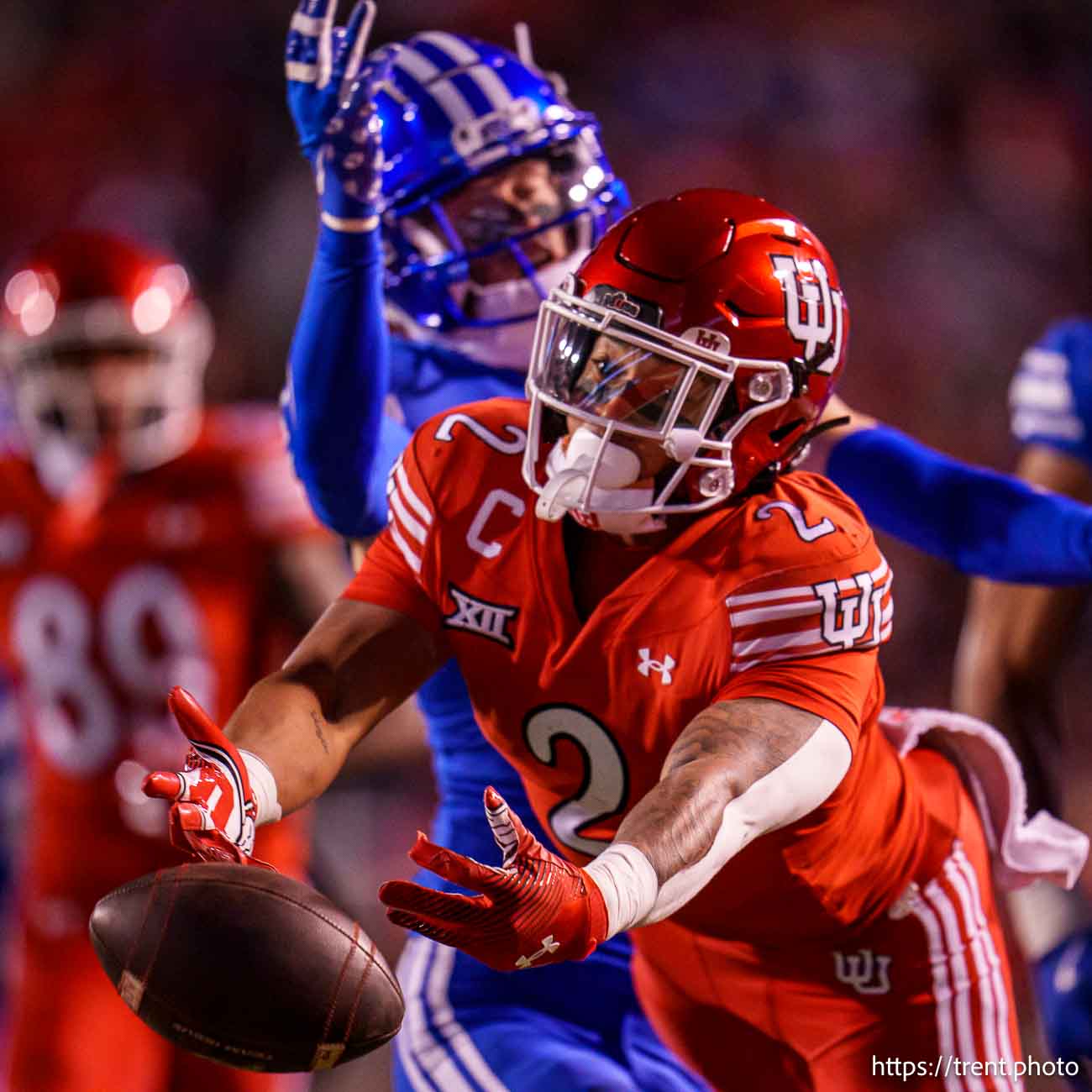 (Trent Nelson  |  The Salt Lake Tribune) Utah Utes running back Micah Bernard (2) and a pass just out of reach as Utah hosts BYU, NCAA football in Salt Lake City on Saturday, Nov. 9, 2024.