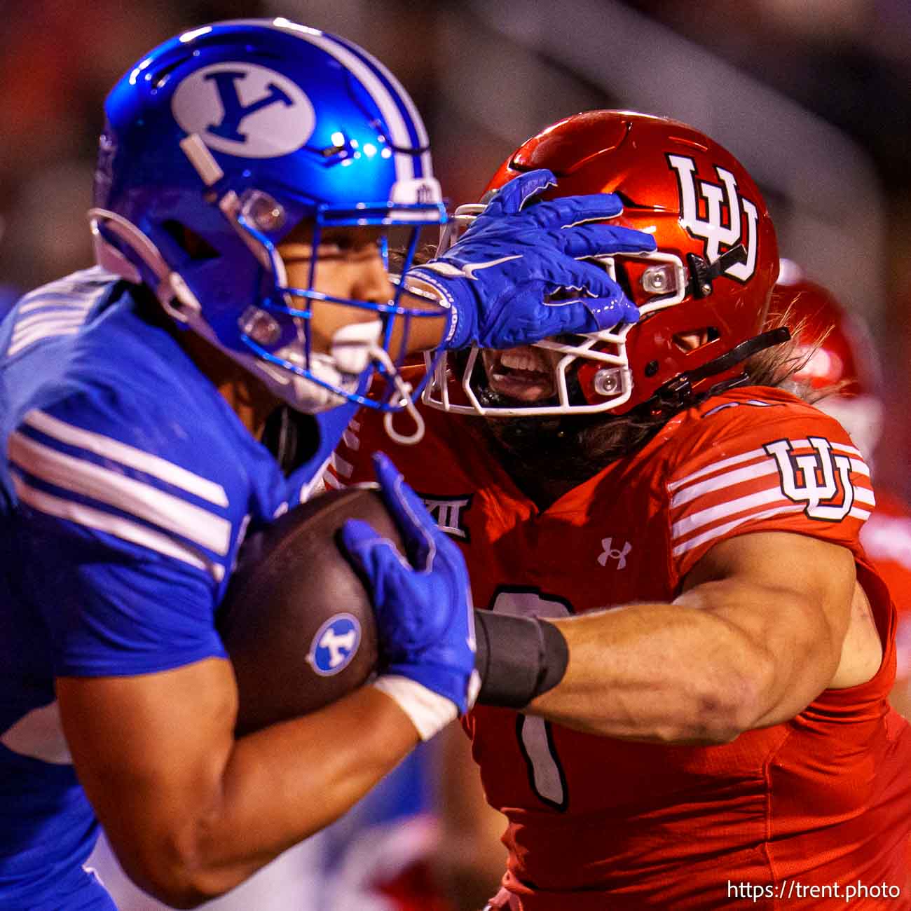 (Trent Nelson  |  The Salt Lake Tribune) Brigham Young Cougars running back LJ Martin (27) runs the ball as Utah hosts BYU, NCAA football in Salt Lake City on Saturday, Nov. 9, 2024.