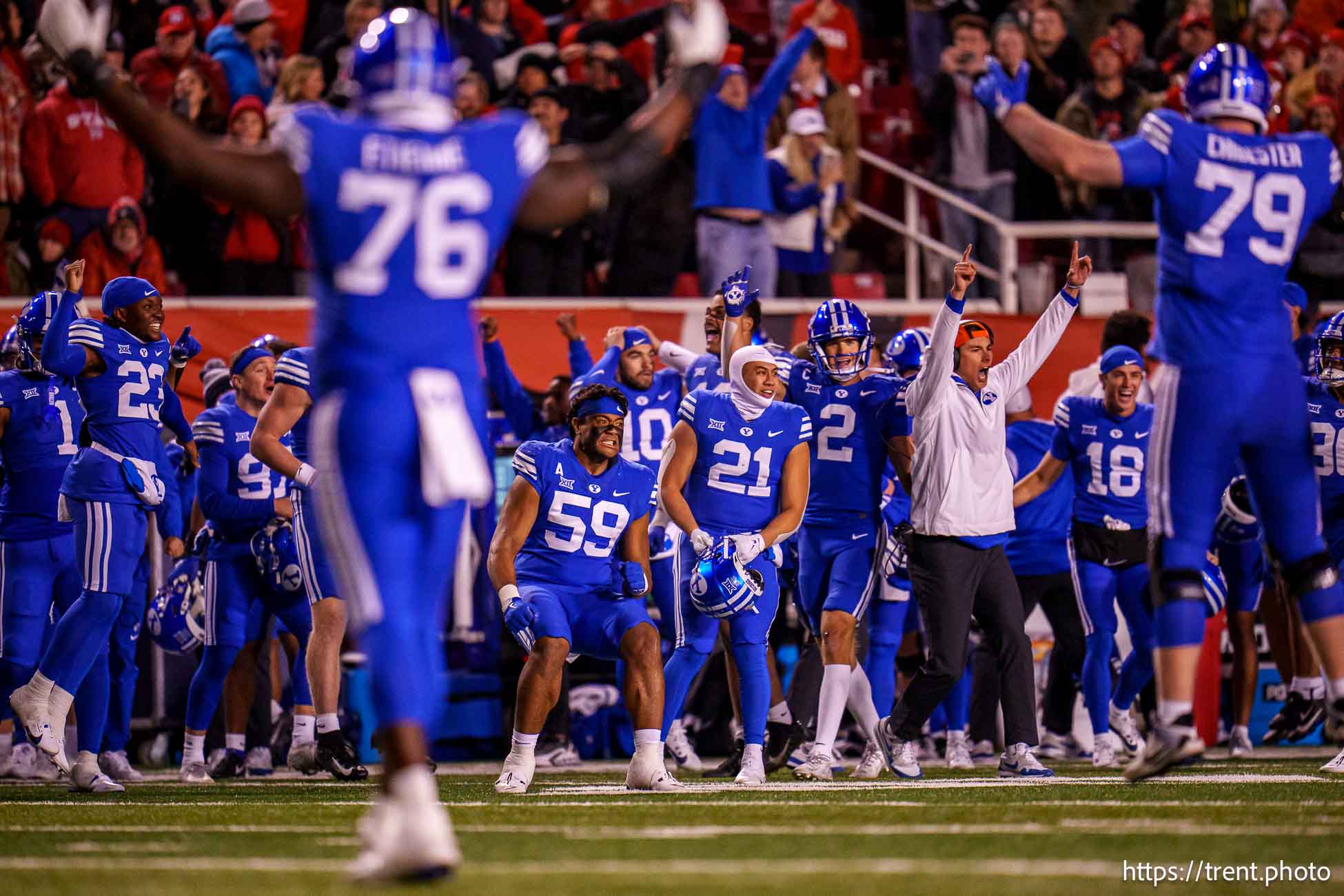 (Trent Nelson  |  The Salt Lake Tribune) BYU players celebrate the win as Utah hosts BYU, NCAA football in Salt Lake City on Sunday, Nov. 10, 2024.