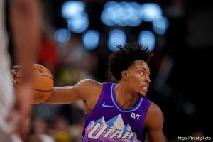 (Trent Nelson  |  The Salt Lake Tribune) Utah Jazz guard Collin Sexton (2) as the Utah Jazz host the New York Knicks, NBA basketball in Salt Lake City on Saturday, Nov. 23, 2024.