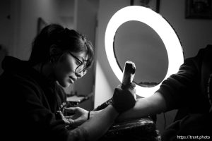 (Trent Nelson  |  The Salt Lake Tribune) Misty Anais at Eminent Ink Tattoos in Midvale, raising funds for the National Indigenous Women's Resource Center on Saturday, Nov. 23, 2024.