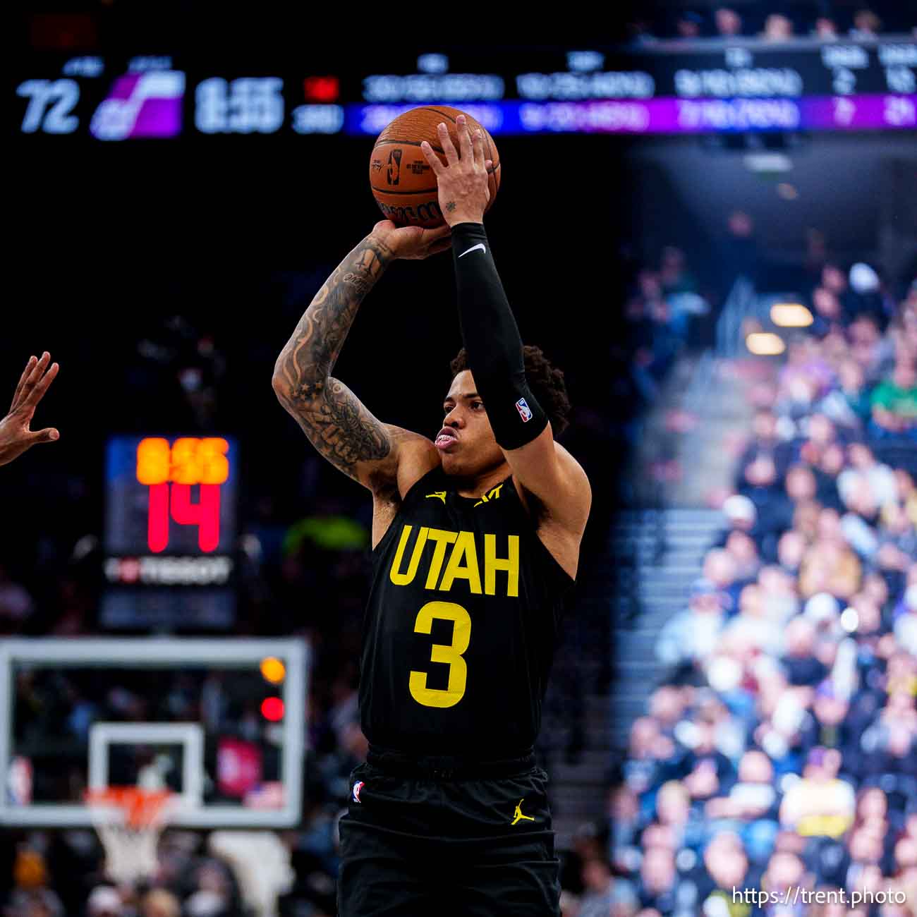 (Trent Nelson  |  The Salt Lake Tribune) Utah Jazz guard Keyonte George (3) as the Utah Jazz host the San Antonio Spurs, NBA basketball in Salt Lake City on Tuesday, Nov. 26, 2024.