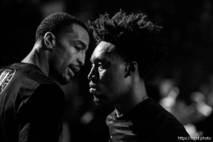 (Trent Nelson  |  The Salt Lake Tribune) Utah Jazz forward John Collins (20) and Utah Jazz guard Collin Sexton (2) as the Utah Jazz host the San Antonio Spurs, NBA basketball in Salt Lake City on Tuesday, Nov. 26, 2024.