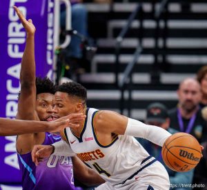 (Trent Nelson  |  The Salt Lake Tribune) Utah Jazz guard Collin Sexton (2) defending Denver Nuggets guard Russell Westbrook (4) as the Utah Jazz host the Denver Nuggets, NBA basketball in Salt Lake City on Wednesday, Nov. 27, 2024.