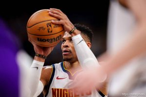 (Trent Nelson  |  The Salt Lake Tribune) Denver Nuggets guard Russell Westbrook (4) as the Utah Jazz host the Denver Nuggets, NBA basketball in Salt Lake City on Wednesday, Nov. 27, 2024.