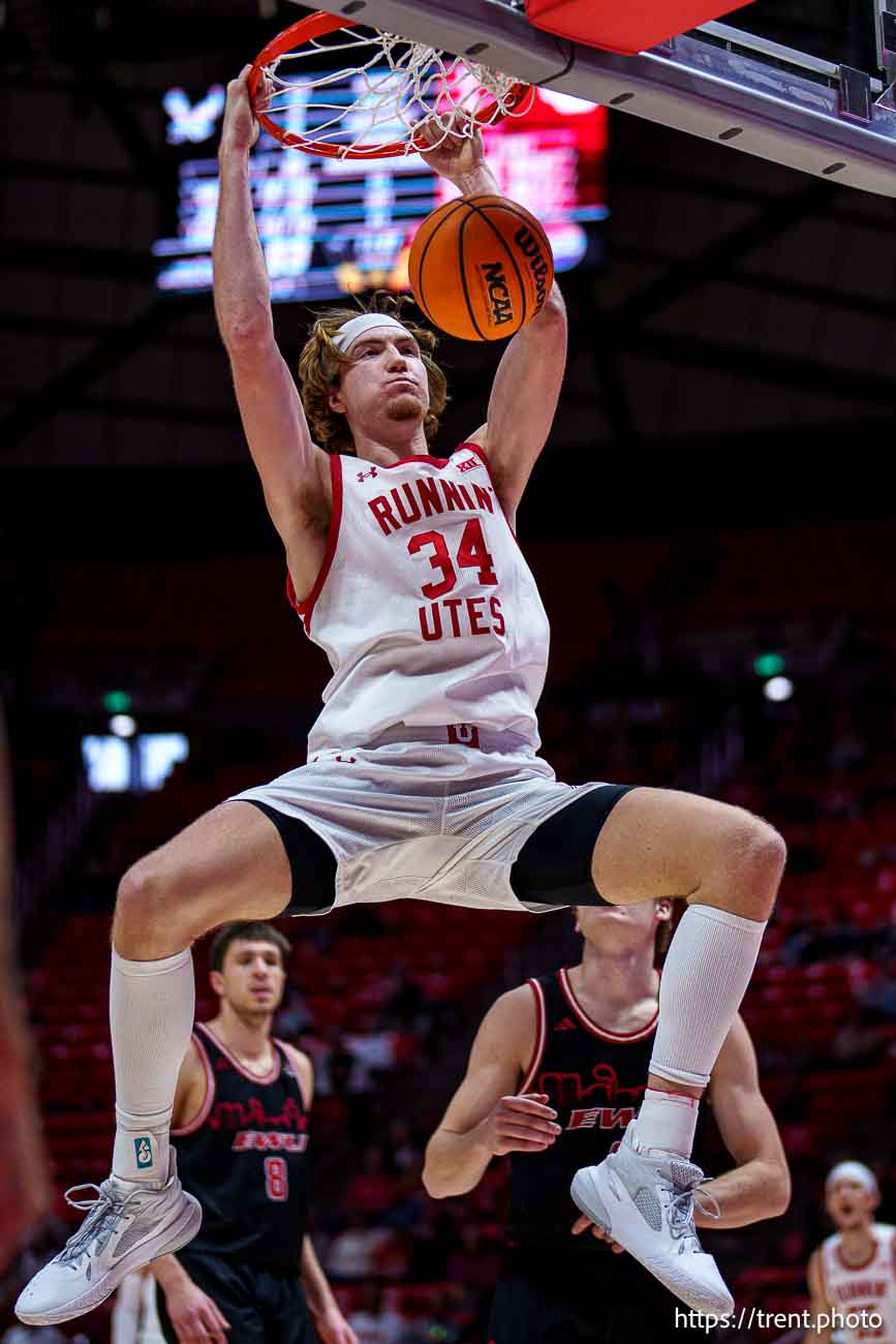 (Trent Nelson  |  The Salt Lake Tribune) Utah Utes center Lawson Lovering (34) as Utah hosts Eastern Washington, NCAA basketball in Salt Lake City on Saturday, Nov. 30, 2024.