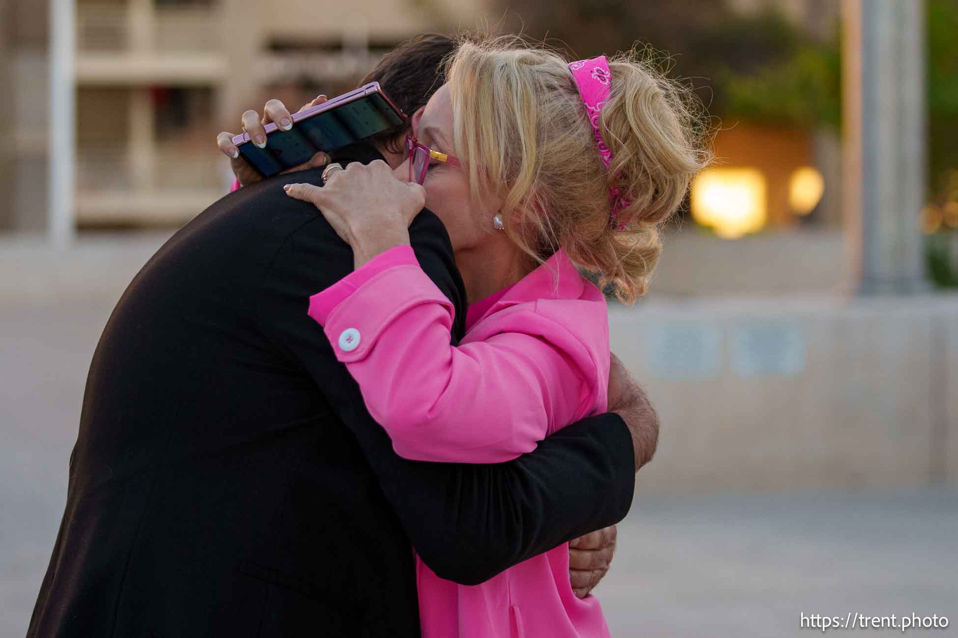 (Trent Nelson  |  The Salt Lake Tribune) Christine Marie and Tolga Katas embrace after Samuel Bateman was sentenced to 50 years at the federal courthouse in Phoenix, Arizona, on Monday, Dec. 9, 2024.