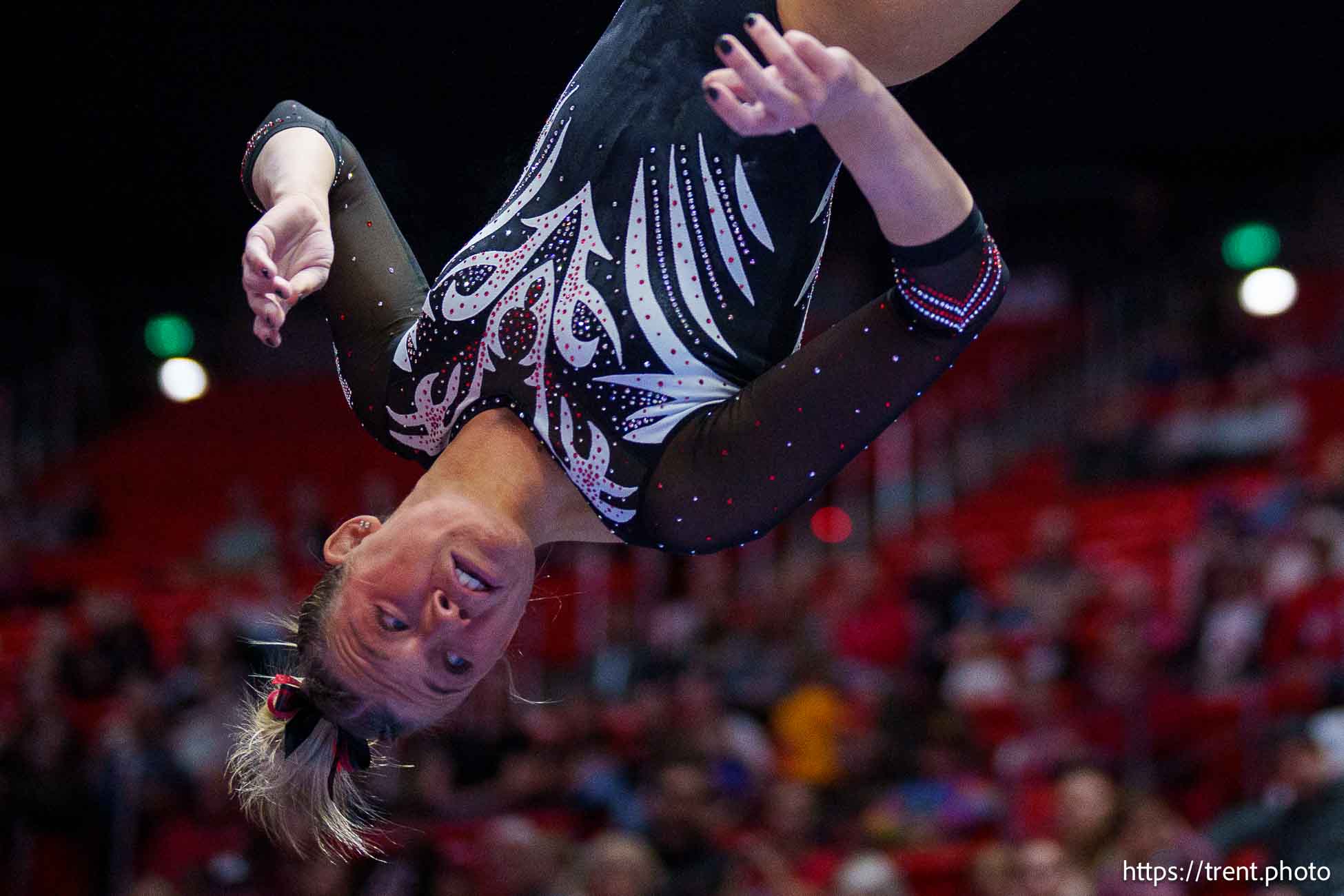 (Trent Nelson  |  The Salt Lake Tribune) Utah's Avery Neff on vault at Utah Gymnastics' Red Rocks Preview, NCAA gymnastics in Salt Lake City on Friday, Dec. 13, 2024.