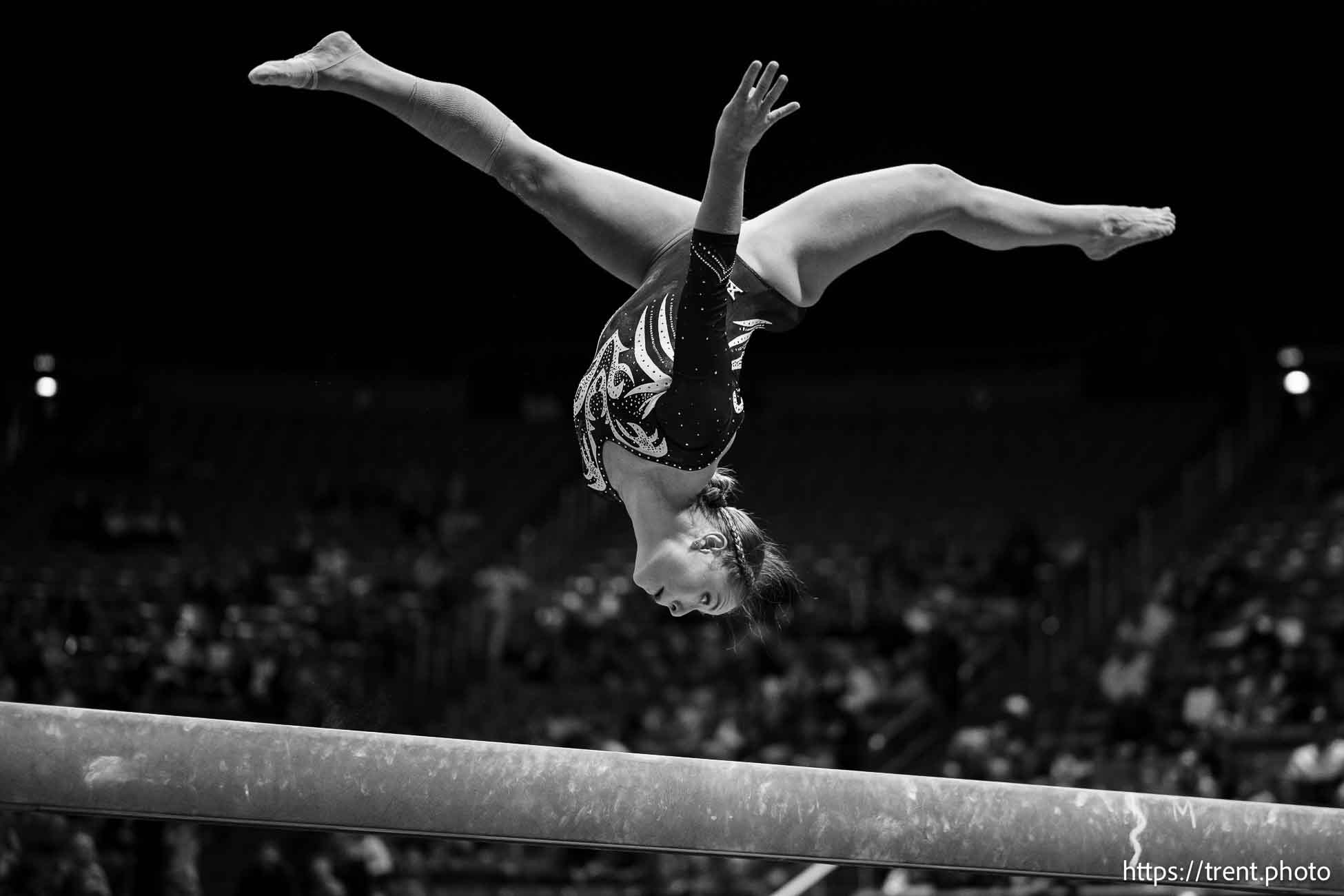 (Trent Nelson  |  The Salt Lake Tribune) 
Utah's Ana Padurariu on beam at Utah Gymnastics' Red Rocks Preview, NCAA gymnastics in Salt Lake City on Friday, Dec. 13, 2024.