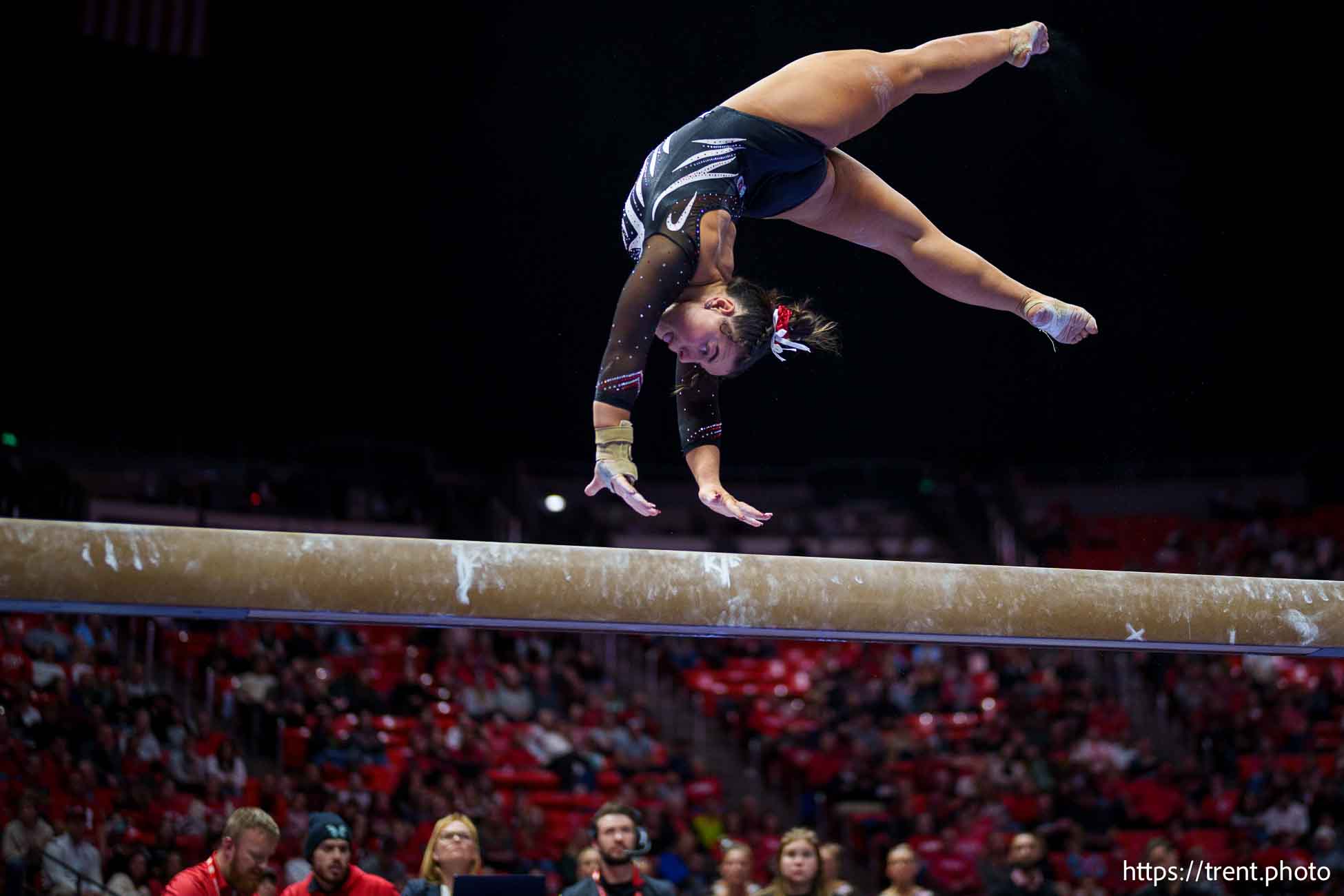 (Trent Nelson  |  The Salt Lake Tribune) 
Utah's Sarah Krump at Utah Gymnastics' Red Rocks Preview, NCAA gymnastics in Salt Lake City on Friday, Dec. 13, 2024.