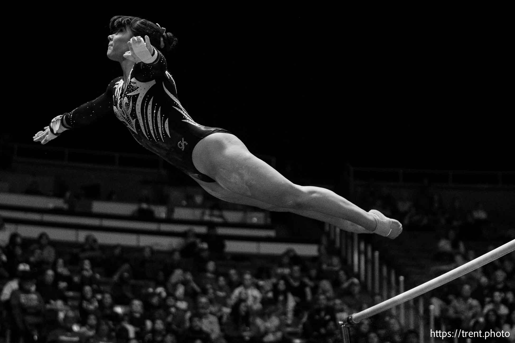 (Trent Nelson  |  The Salt Lake Tribune) 
Utah's Clara Raposo on bars at Utah Gymnastics' Red Rocks Preview, NCAA gymnastics in Salt Lake City on Friday, Dec. 13, 2024.