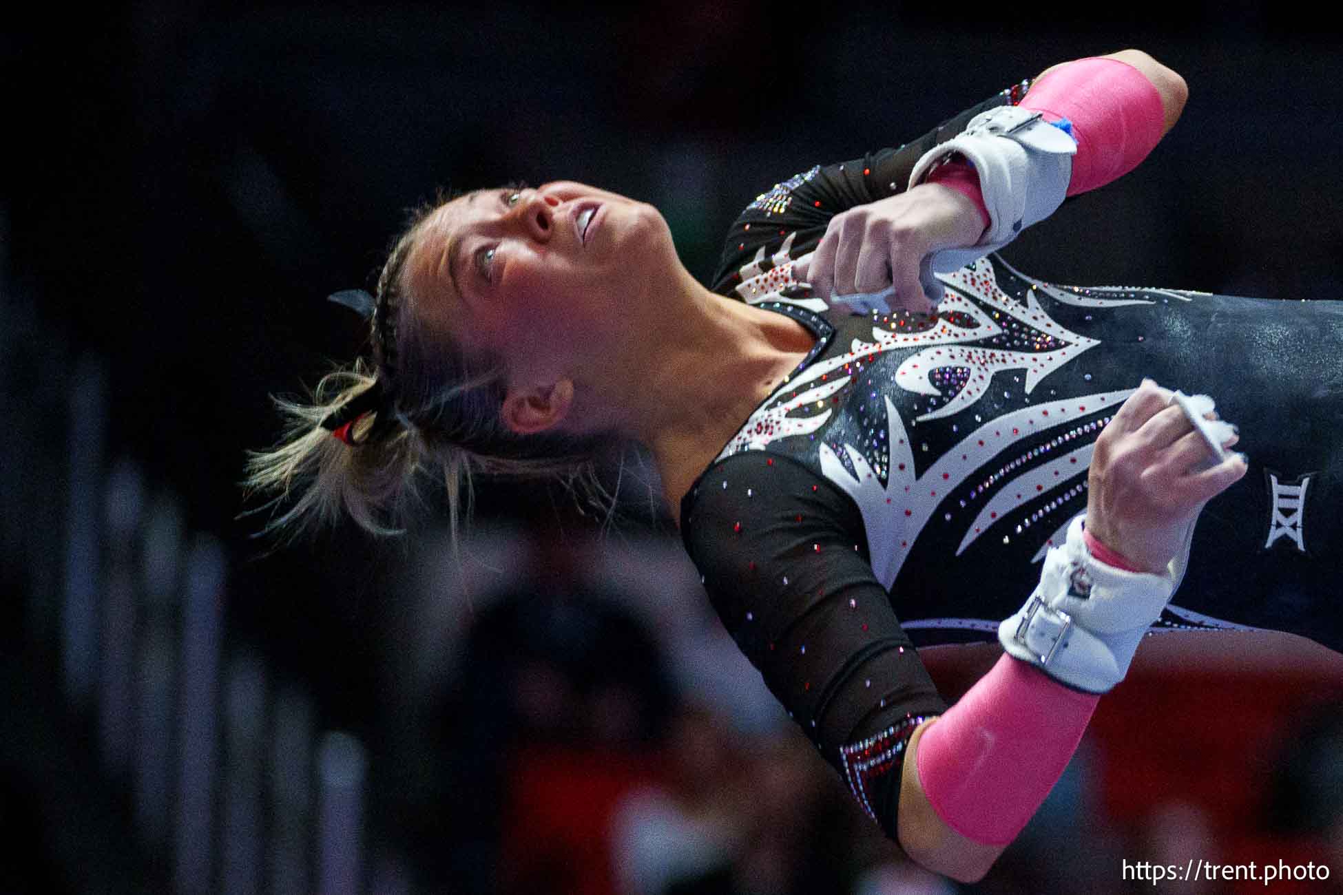 (Trent Nelson  |  The Salt Lake Tribune) Utah's Avery Neff on bars at Utah Gymnastics' Red Rocks Preview, NCAA gymnastics in Salt Lake City on Friday, Dec. 13, 2024.