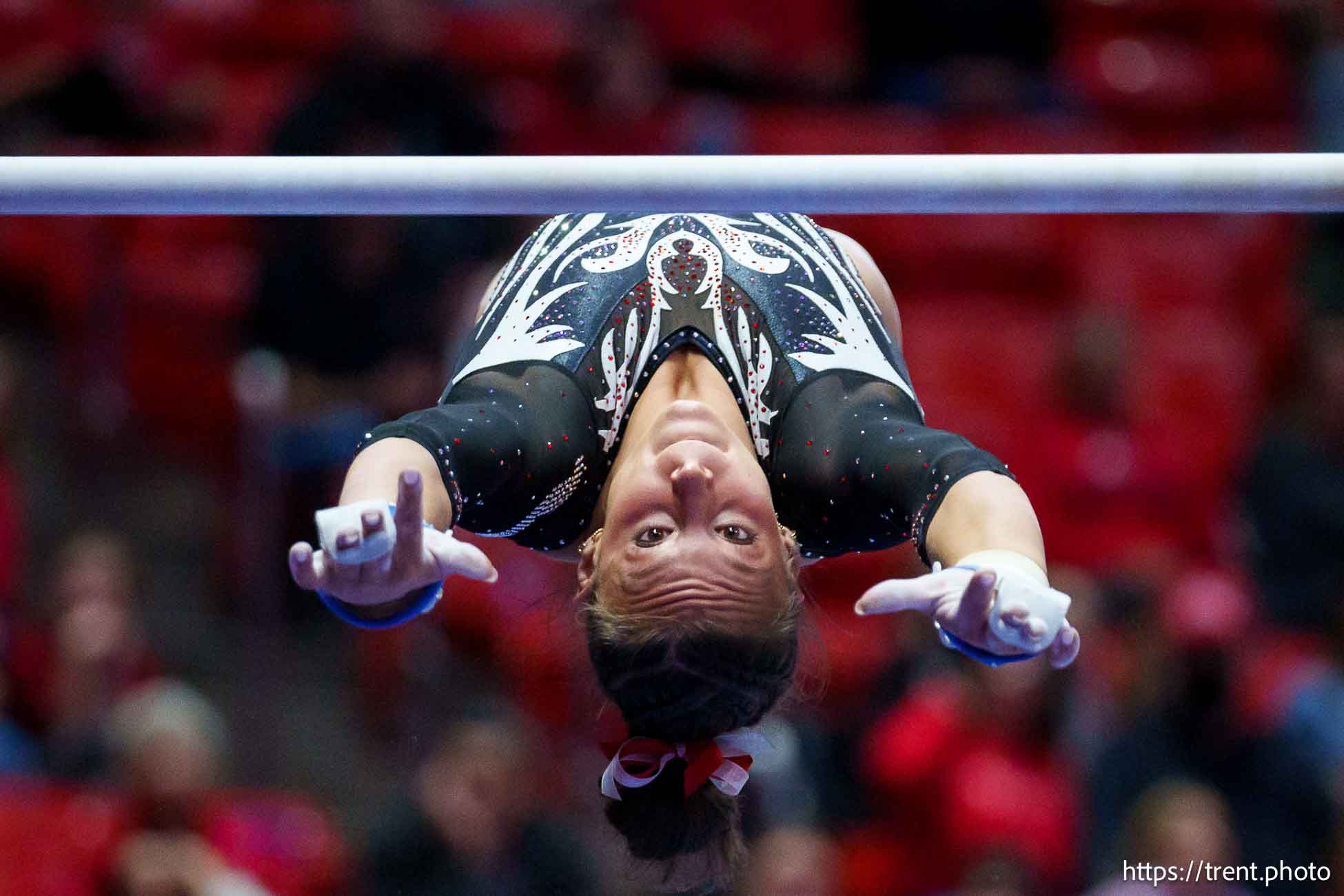 (Trent Nelson  |  The Salt Lake Tribune) 
Utah's Grace McCallum on bars at Utah Gymnastics' Red Rocks Preview, NCAA gymnastics in Salt Lake City on Friday, Dec. 13, 2024.