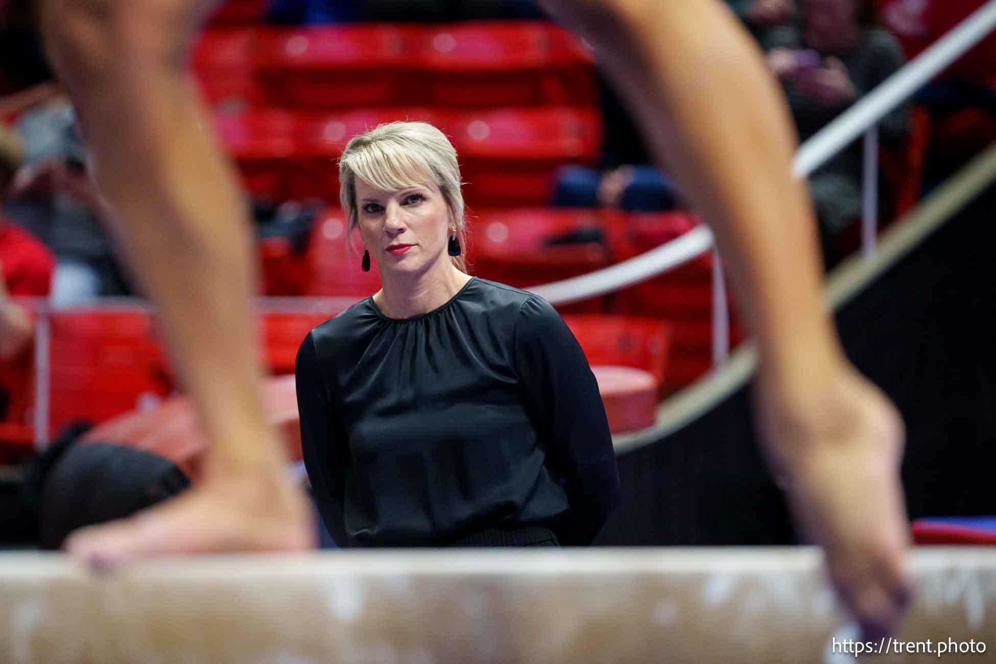 (Trent Nelson  |  The Salt Lake Tribune) Utah coach Carly Dockendorf at Utah Gymnastics' Red Rocks Preview, NCAA gymnastics in Salt Lake City on Friday, Dec. 13, 2024.