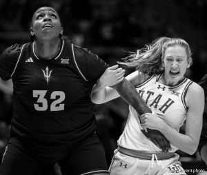 (Trent Nelson  |  The Salt Lake Tribune) Arizona State Sun Devils center Nevaeh Parkinson (32) and Utah Utes guard Gianna Kneepkens (5) as Utah hosts Arizona State, NCAA basketball in Salt Lake City on Saturday, Dec. 21, 2024.