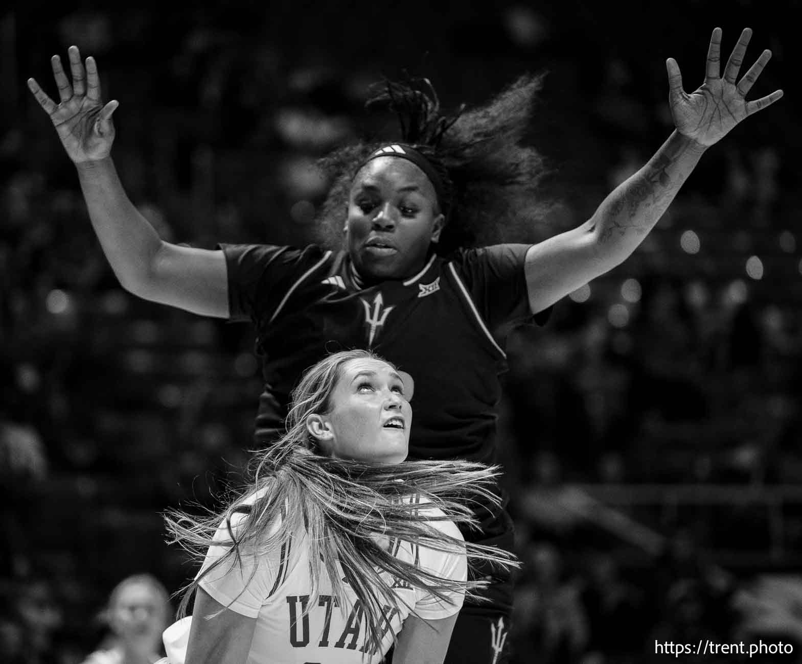 (Trent Nelson  |  The Salt Lake Tribune) Utah Utes forward Samantha Crispe (44) defended by Arizona State Sun Devils center Nevaeh Parkinson (32) as Utah hosts Arizona State, NCAA basketball in Salt Lake City on Saturday, Dec. 21, 2024.