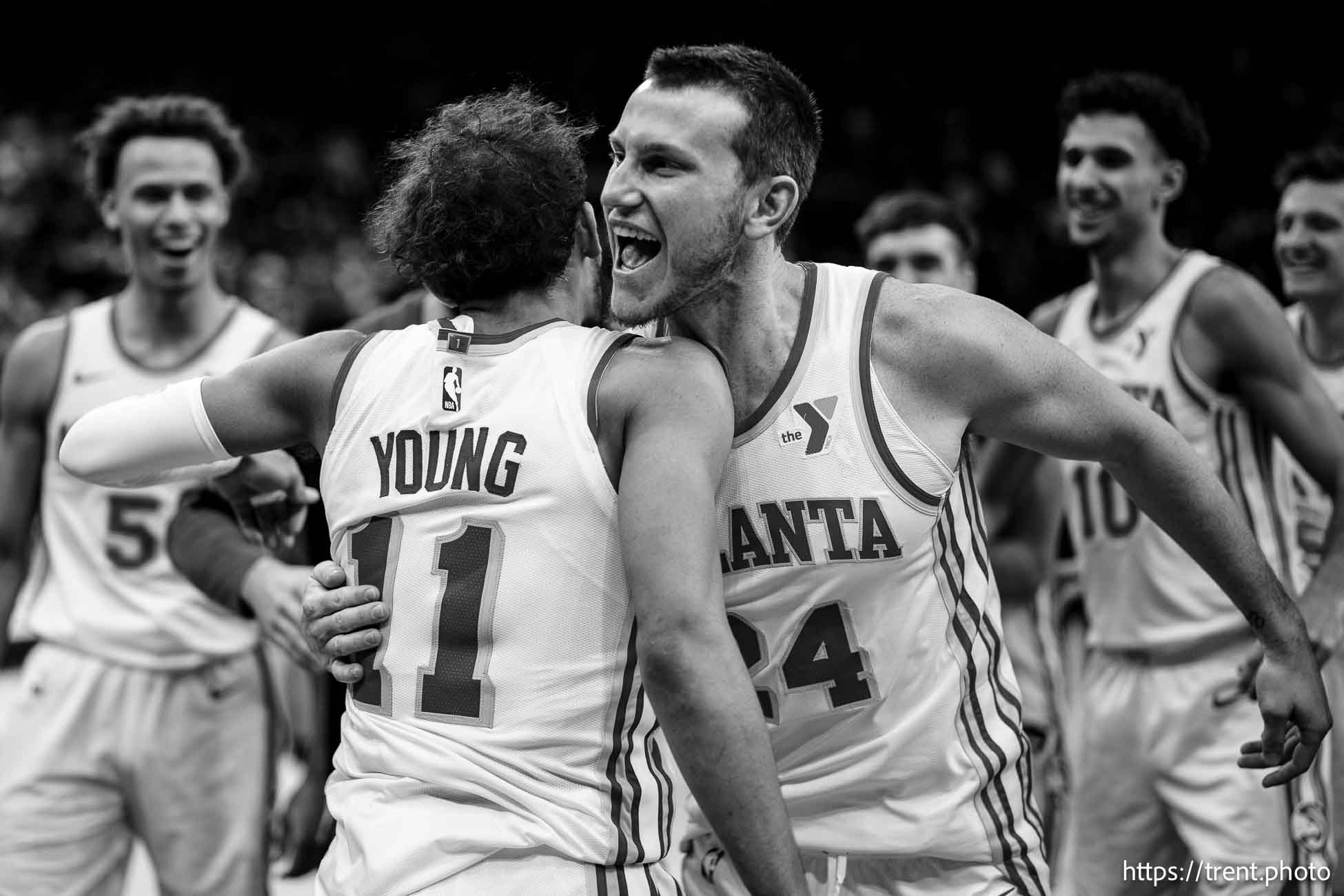 (Trent Nelson  |  The Salt Lake Tribune) Atlanta Hawks guard Trae Young (11) celebrates his game-winning shot from half court as the Utah Jazz host the Atlanta Hawks, NBA basketball  in Salt Lake City on Tuesday, Jan. 7, 2025. Atlanta Hawks guard Garrison Mathews (24).