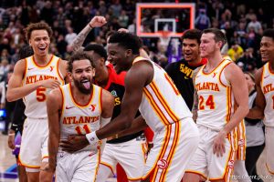 (Trent Nelson  |  The Salt Lake Tribune) Atlanta Hawks guard Trae Young (11) celebrates his game-winning shot from half court as the Utah Jazz host the Atlanta Hawks, NBA basketball  in Salt Lake City on Tuesday, Jan. 7, 2025.