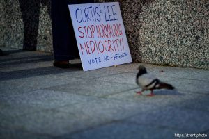 (Trent Nelson  |  The Salt Lake Tribune) People against the confirmation of Pete Hegseth as Secretary of Defense at a rally organized by Salt Lake Indivisible at the Wallace F. Bennett Federal Building in Salt Lake City on Wednesday, Jan. 22, 2025.