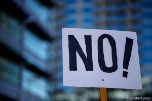 (Trent Nelson  |  The Salt Lake Tribune) People against the confirmation of Pete Hegseth as Secretary of Defense at a rally organized by Salt Lake Indivisible at the Wallace F. Bennett Federal Building in Salt Lake City on Wednesday, Jan. 22, 2025.