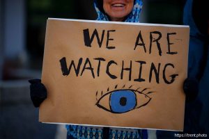 (Trent Nelson  |  The Salt Lake Tribune) People against the confirmation of Pete Hegseth as Secretary of Defense at a rally organized by Salt Lake Indivisible at the Wallace F. Bennett Federal Building in Salt Lake City on Wednesday, Jan. 22, 2025.