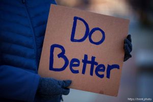 (Trent Nelson  |  The Salt Lake Tribune) People against the confirmation of Pete Hegseth as Secretary of Defense at a rally organized by Salt Lake Indivisible at the Wallace F. Bennett Federal Building in Salt Lake City on Wednesday, Jan. 22, 2025.