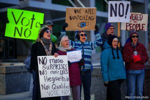 (Trent Nelson  |  The Salt Lake Tribune) People against the confirmation of Pete Hegseth as Secretary of Defense at a rally organized by Salt Lake Indivisible at the Wallace F. Bennett Federal Building in Salt Lake City on Wednesday, Jan. 22, 2025.