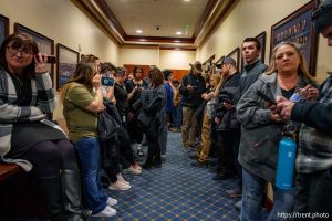 (Trent Nelson  |  The Salt Lake Tribune) Union members and supporters use their phones to listen to Rep. Jordan Teuscher, R-South Jordan speak about his labor union bill to the Senate Revenue and Taxation Committee at the Utah Capitol in Salt Lake City on Wednesday, Jan. 29, 2025.