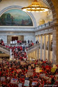 (Trent Nelson  |  The Salt Lake Tribune) Teachers and other union supporters rally at the Utah Capitol in opposition to the anti-union bill HB267, in Salt Lake City on Friday, Feb. 7, 2025.