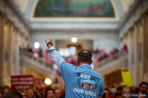 (Trent Nelson  |  The Salt Lake Tribune) Teachers and other union supporters rally at the Utah Capitol in opposition to the anti-union bill HB267, in Salt Lake City on Friday, Feb. 7, 2025.