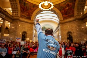 (Trent Nelson  |  The Salt Lake Tribune) Teachers and other union supporters rally at the Utah Capitol in opposition to the anti-union bill HB267, in Salt Lake City on Friday, Feb. 7, 2025.