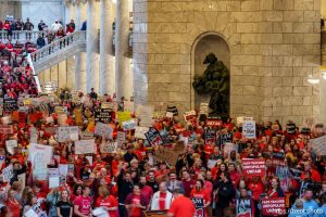 (Trent Nelson  |  The Salt Lake Tribune) Teachers and other union supporters rally at the Utah Capitol in opposition to the anti-union bill HB267, in Salt Lake City on Friday, Feb. 7, 2025.