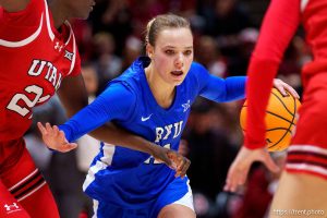 (Trent Nelson  |  The Salt Lake Tribune) BYU Cougars guard Delaney Gibb (11) as Utah hosts BYU, NCAA basketball in Salt Lake City on Saturday, March 1, 2025.