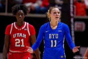 (Trent Nelson  |  The Salt Lake Tribune) BYU Cougars guard Delaney Gibb (11) reacts to a call as Utah hosts BYU, NCAA basketball in Salt Lake City on Saturday, March 1, 2025.