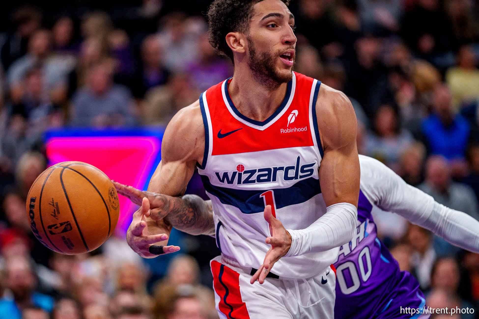 (Trent Nelson  |  The Salt Lake Tribune) Utah Jazz guard Jordan Clarkson (00) knocks the ball away from Washington Wizards guard Colby Jones (1) as the Utah Jazz host the Washington Wizards, NBA basketball in Salt Lake City on Wednesday, March 19, 2025.