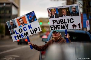(Trent Nelson  |  The Salt Lake Tribune) People gather at the Wallace F. Bennett Federal Building to protest, in Salt Lake City on Wednesday, April 16, 2025.