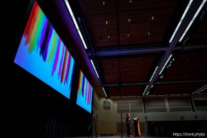 (Trent Nelson  |  The Salt Lake Tribune) Orpheus Isom speaks as Utah Valley University students speak out about the closing of their multicultural center on campus, including a space for LGBTQ community members, in Orem on Thursday, April 17, 2025.