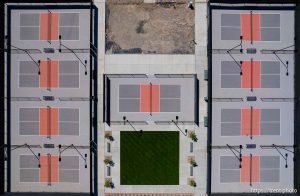 (Trent Nelson  |  The Salt Lake Tribune) Pickleball courts at Firefly, a new subdivision in Eagle Mountain, on Friday, May 2, 2025.